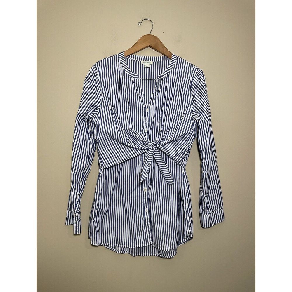 Sundance Front Tie Blouse Top Women’s Large Blue White Cotton Button Up Stripes - Picture 2 of 6